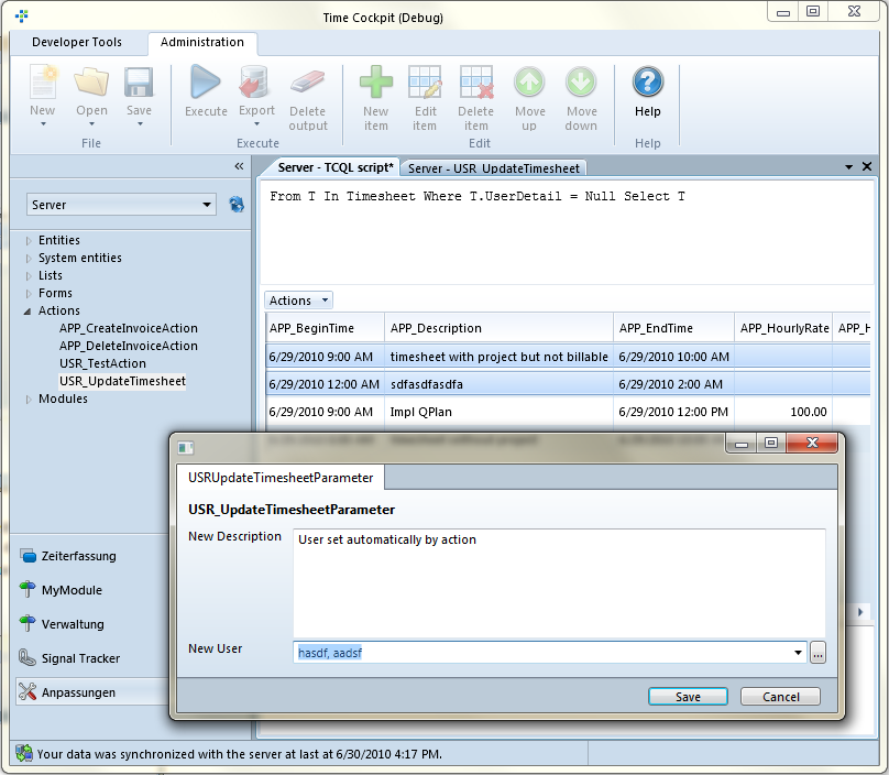 Setting action parameter values